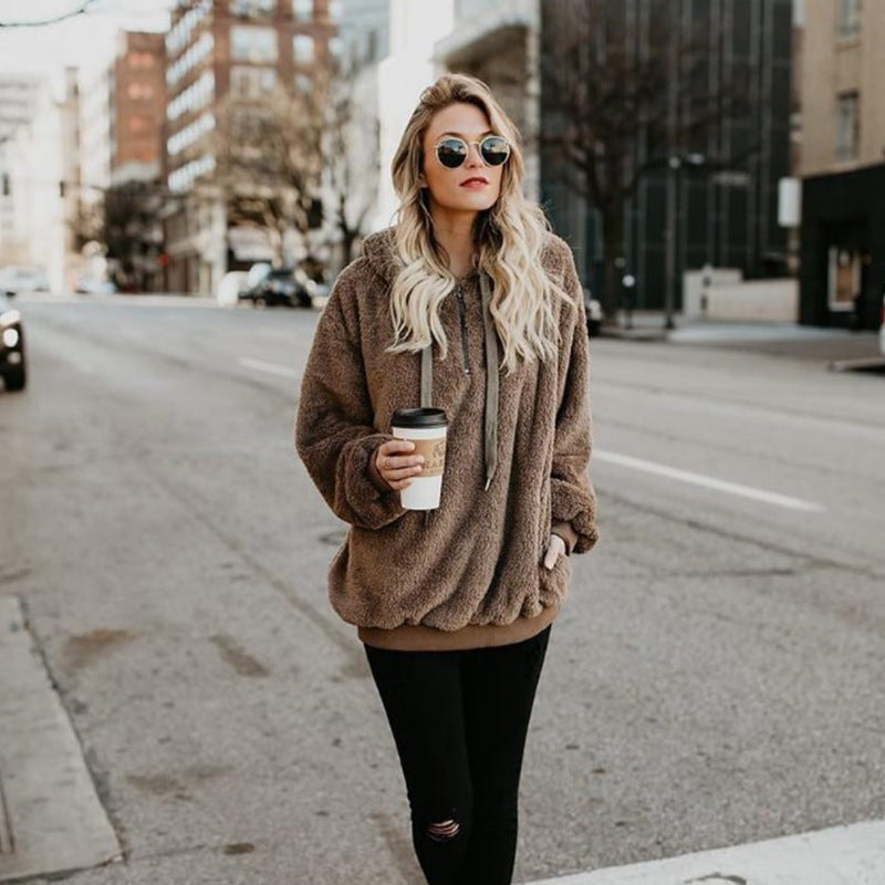Damen Polerones Fleece Hoodies Langarm Kapuzenpullover Sweatshirt Herbst Winter Warm Reißverschluss Tasche Mantel Weibliches Sweatshirt