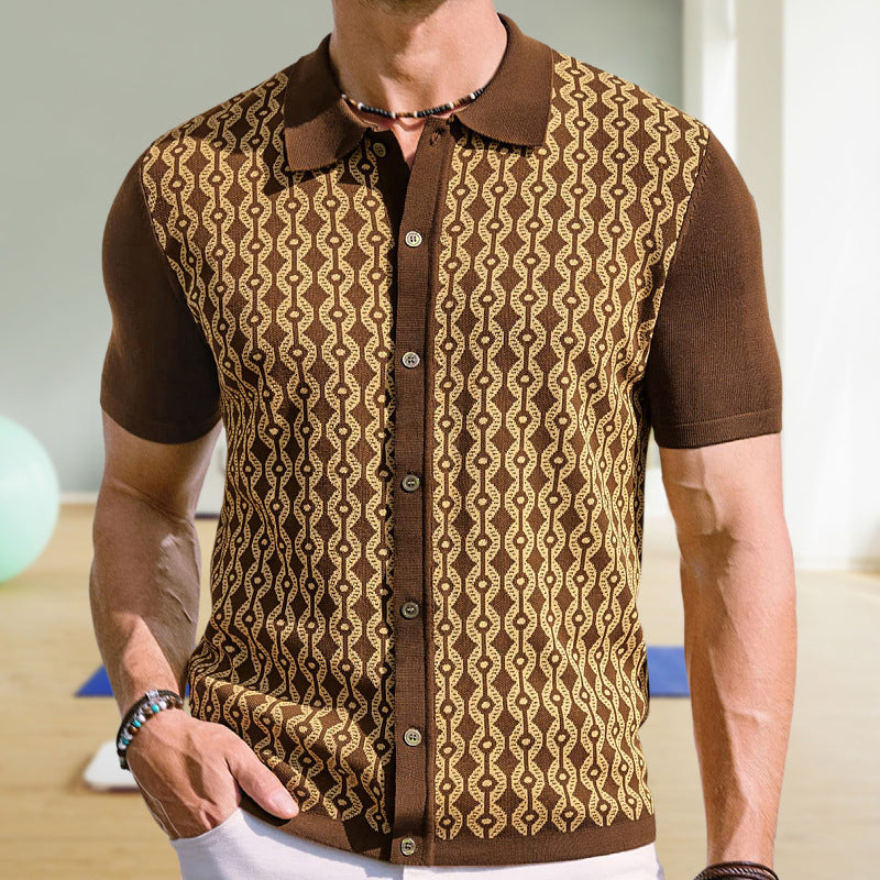 Herren-Sommer-Cardigan aus Tencel mit Jacquardmuster und Polokragen – Kurzarm