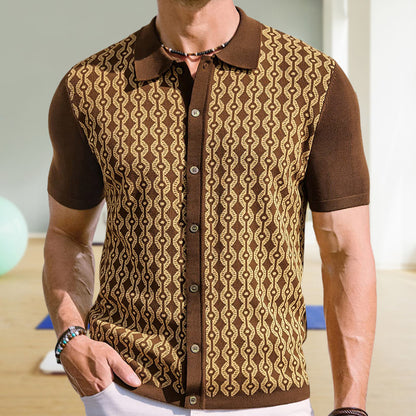 Herren-Sommer-Cardigan aus Tencel mit Jacquardmuster und Polokragen – Kurzarm