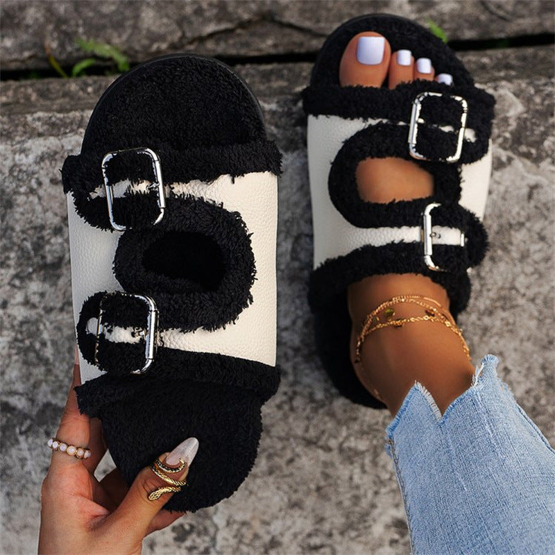 Herbst Winter Slipper Dicke Sohle Schnalle Lammwolle Hausschuhe Für Frauen Outdoor Garten Indoor Faul Plüsch Schuhe
