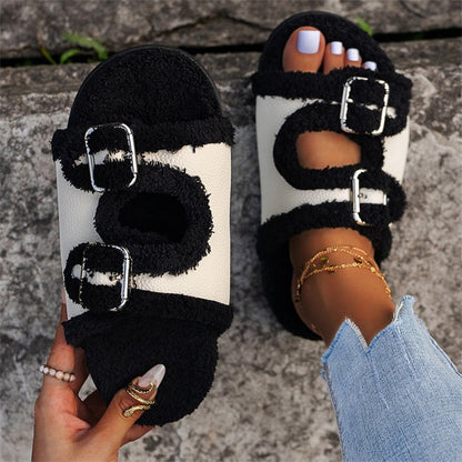 Herbst Winter Slipper Dicke Sohle Schnalle Lammwolle Hausschuhe Für Frauen Outdoor Garten Indoor Faul Plüsch Schuhe