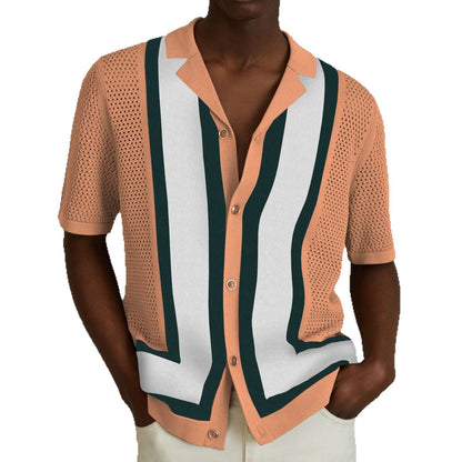 Herren-Sommer-Strickshirt mit Streifenmuster und Farbkontrast – Kurzarm