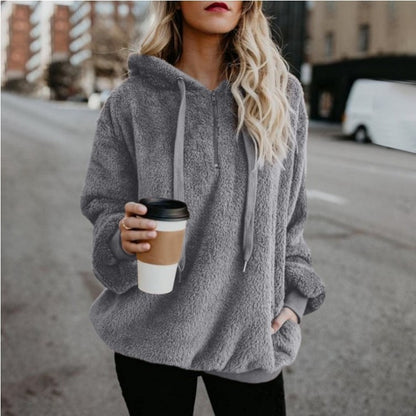 Damen Polerones Fleece Hoodies Langarm Kapuzenpullover Sweatshirt Herbst Winter Warm Reißverschluss Tasche Mantel Weibliches Sweatshirt