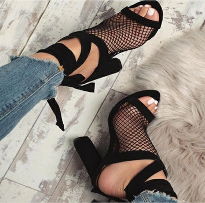 Frauen Sandalen Bandage Flock Cross Strap Lace Up High Heels Sandale