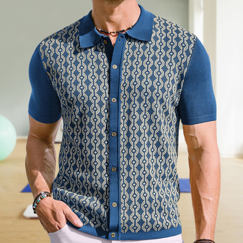 Herren-Sommer-Cardigan aus Tencel mit Jacquardmuster und Polokragen – Kurzarm