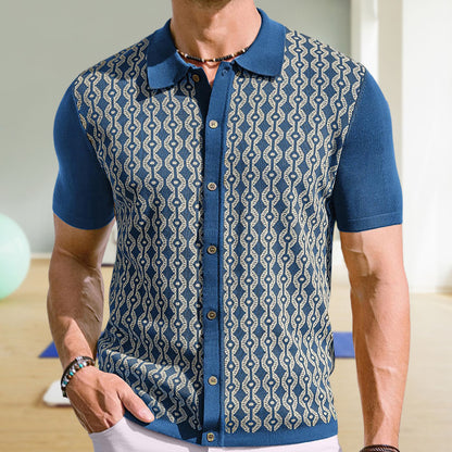 Herren-Sommer-Cardigan aus Tencel mit Jacquardmuster und Polokragen – Kurzarm