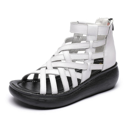 Neue Retro-Keilsandalen im ethnischen Stil für Damen, lässige Sandalen mit Tasche, Stiefel aus Rindsleder, Fischmaul-Sandalen
