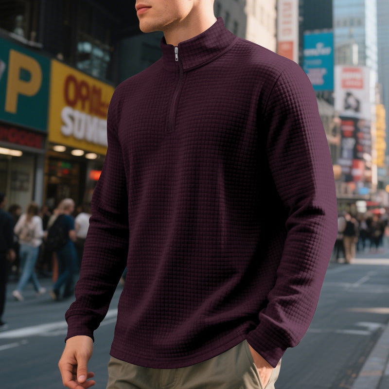 Herren Stehkragen Pullover mit Halbreißverschluss und Karomuster