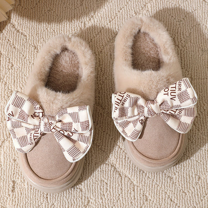 Niedliche Plüschpantoffeln mit Schleife, warm, für den Winter, für den Innenbereich, für das Schlafzimmer, für Damen, modisch, dicke Sohle, solide Hausschuhe