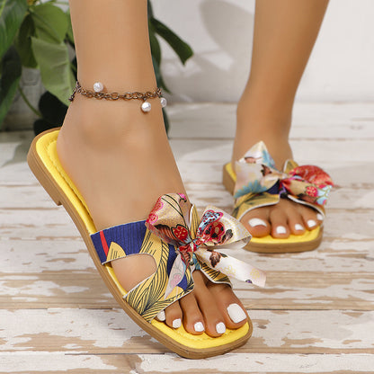 Ribbon Bow Sandalen Sommer Neue Square Toe Low Heel Sandale Für Frauen Slides Fashion Casual Beach Schuhe