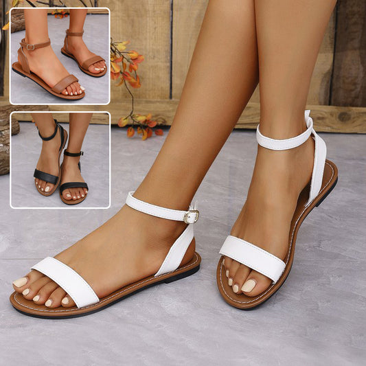 Flache Sandalen mit einem Riemen, Sommerschnalle, römische Schuhe, modische, einfache Sandale