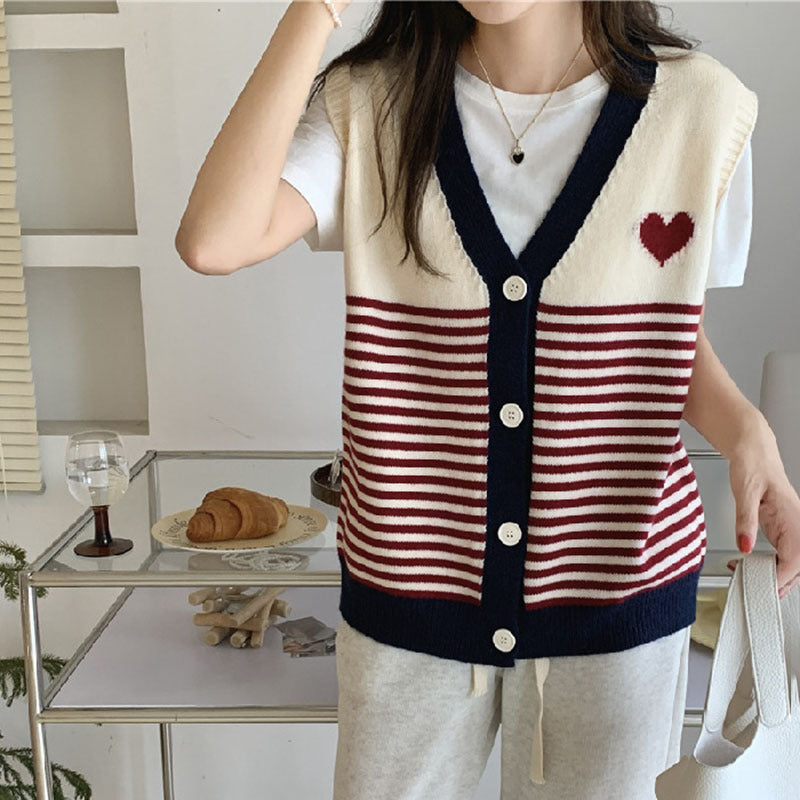Mehrfarbige gestreifte herzförmige Strickweste für Damen Retro-Oberbekleidungsweste für Damen