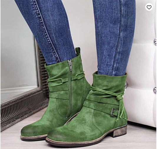 Westernstiefel Damen Schnalle Stiefeletten Seitlicher Reißverschluss Schuhe