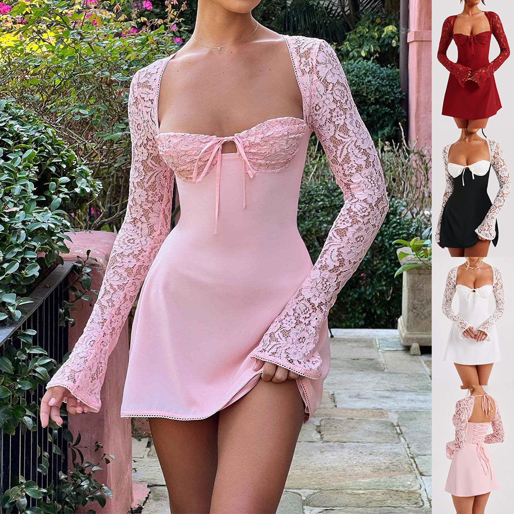 Y2K Langarmkleid aus Spitze, modisch, sexy Korsett, rückenfrei, Schnürung, kurze Kleider, Damenbekleidung