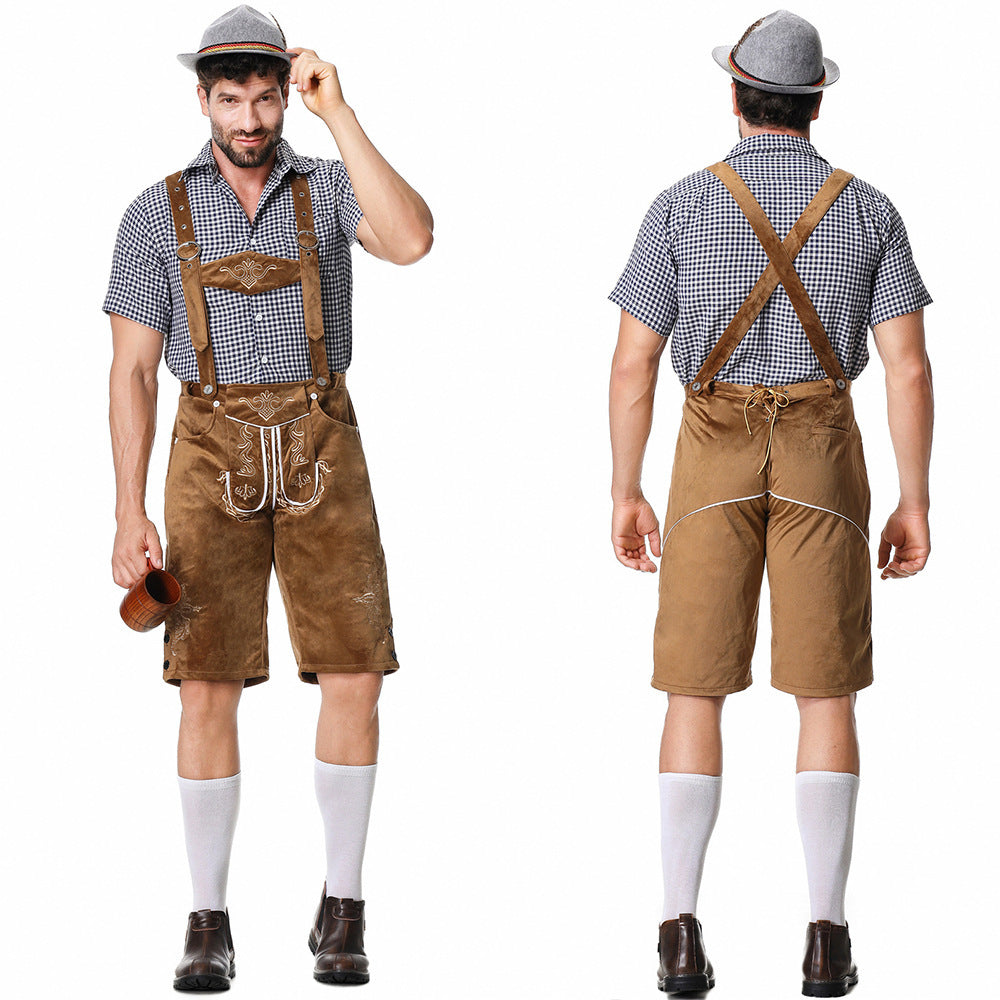Herren Oktoberfest Kostüm – Trachtenhemd mit Lederhosen und Hut im Set