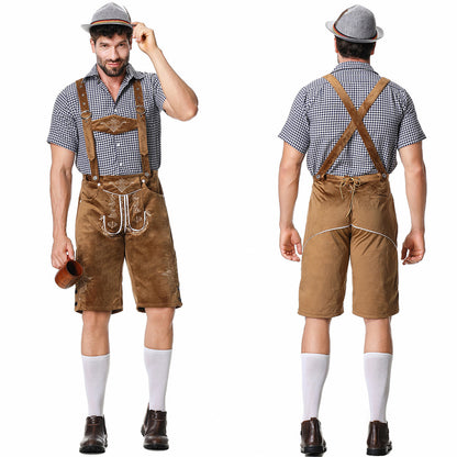 Herren Oktoberfest Kostüm – Trachtenhemd mit Lederhosen und Hut im Set