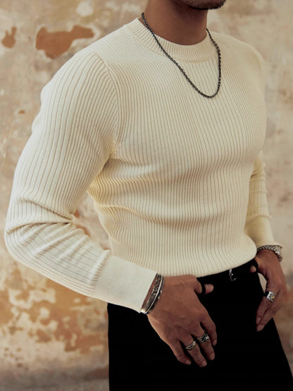 Men's Round Neck Solid Color Striped Long-sleeved Sweater Autumn And Winter