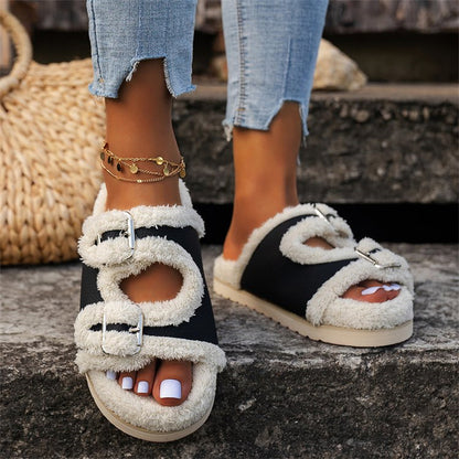 Herbst Winter Slipper Dicke Sohle Schnalle Lammwolle Hausschuhe Für Frauen Outdoor Garten Indoor Faul Plüsch Schuhe