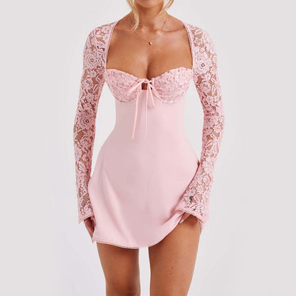 Y2K Langarmkleid aus Spitze, modisch, sexy Korsett, rückenfrei, Schnürung, kurze Kleider, Damenbekleidung