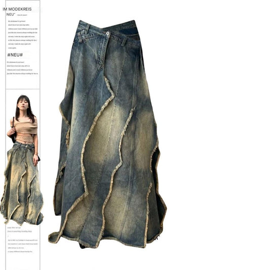 Plus Größe Retro Y2g Unregelmäßige Laminierung Kreuz Denim Lange Röcke