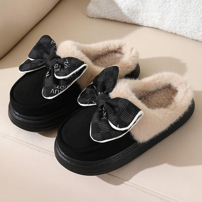 Niedliche Plüschpantoffeln mit Schleife, warm, für den Winter, für den Innenbereich, für das Schlafzimmer, für Damen, modisch, dicke Sohle, solide Hausschuhe