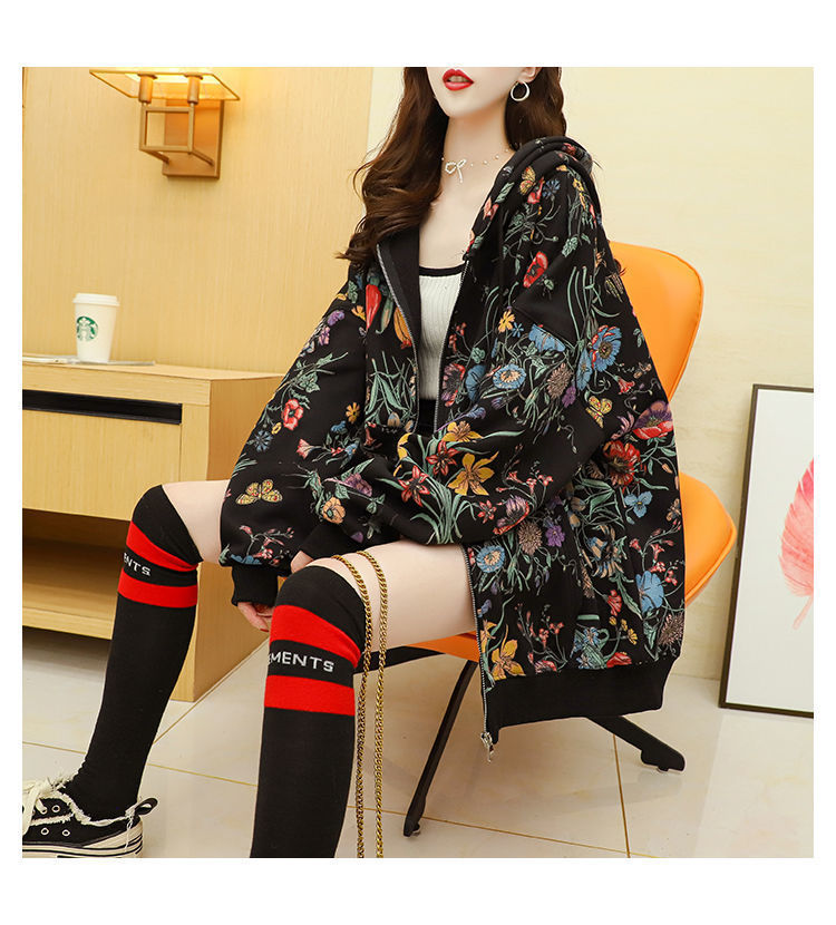 Frauen Plus Samt Dicke Kapuzen Hoodies Casual Lose Blumendruck