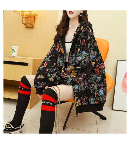Frauen Plus Samt Dicke Kapuzen Hoodies Casual Lose Blumendruck