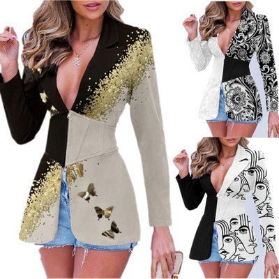 Damenblazer mit bedrucktem Revers in Kontrastfarbe