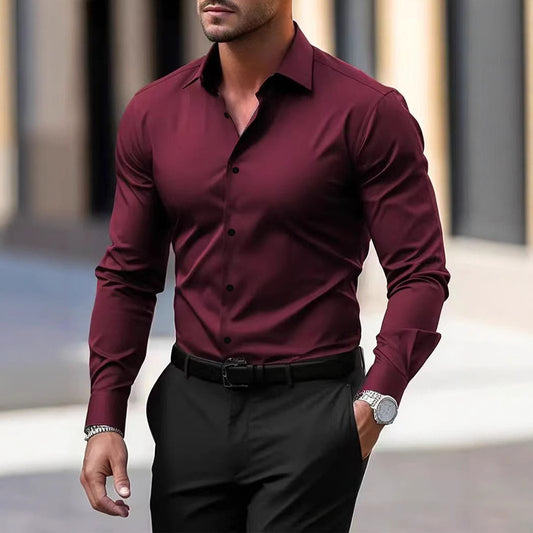 Herrenhemd Business Button-Down-Hemd Sommer Einfarbig Langarm Revers Urlaubshemd Mode Temperament Casual Tops