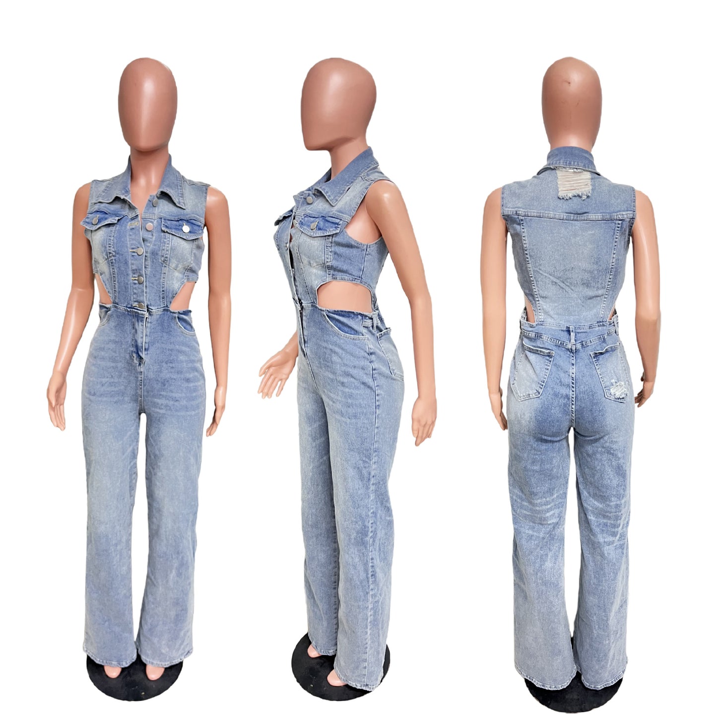 Schmaler Jumpsuit aus elastischem, gewaschenem Denim. Gerader, lockerer Jumpsuit