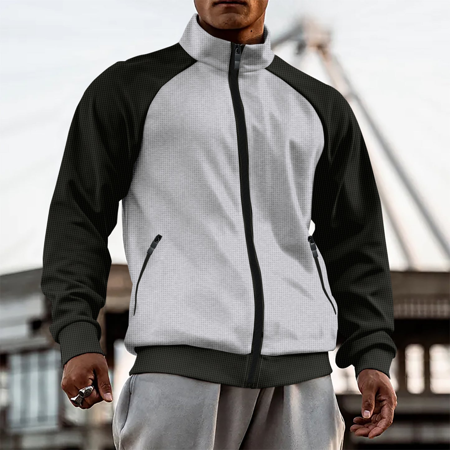 Herren Strickjacke mit Reißverschluss – Raglanärmel, Stehkragen & Farbkontrast
