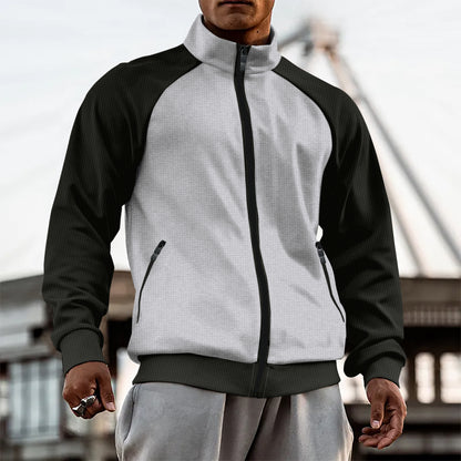 Herren Strickjacke mit Reißverschluss – Raglanärmel, Stehkragen & Farbkontrast