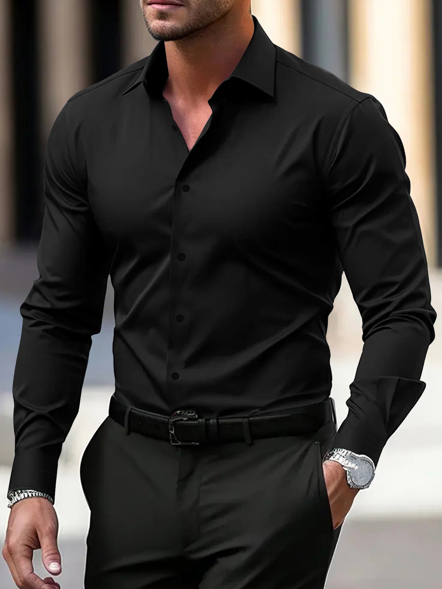 Herrenhemd Business Button-Down-Hemd Sommer Einfarbig Langarm Revers Urlaubshemd Mode Temperament Casual Tops