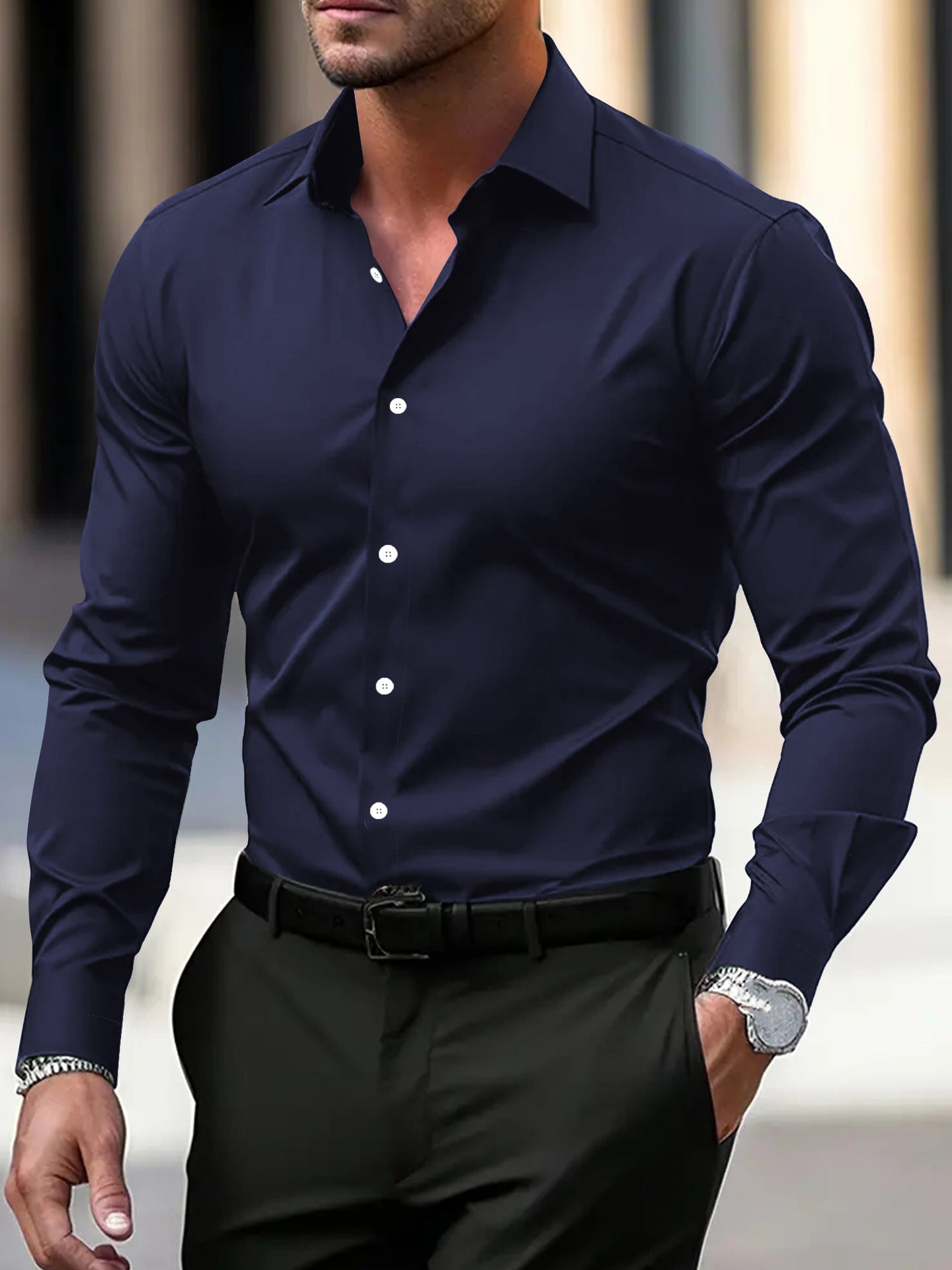 Herrenhemd Business Button-Down-Hemd Sommer Einfarbig Langarm Revers Urlaubshemd Mode Temperament Casual Tops