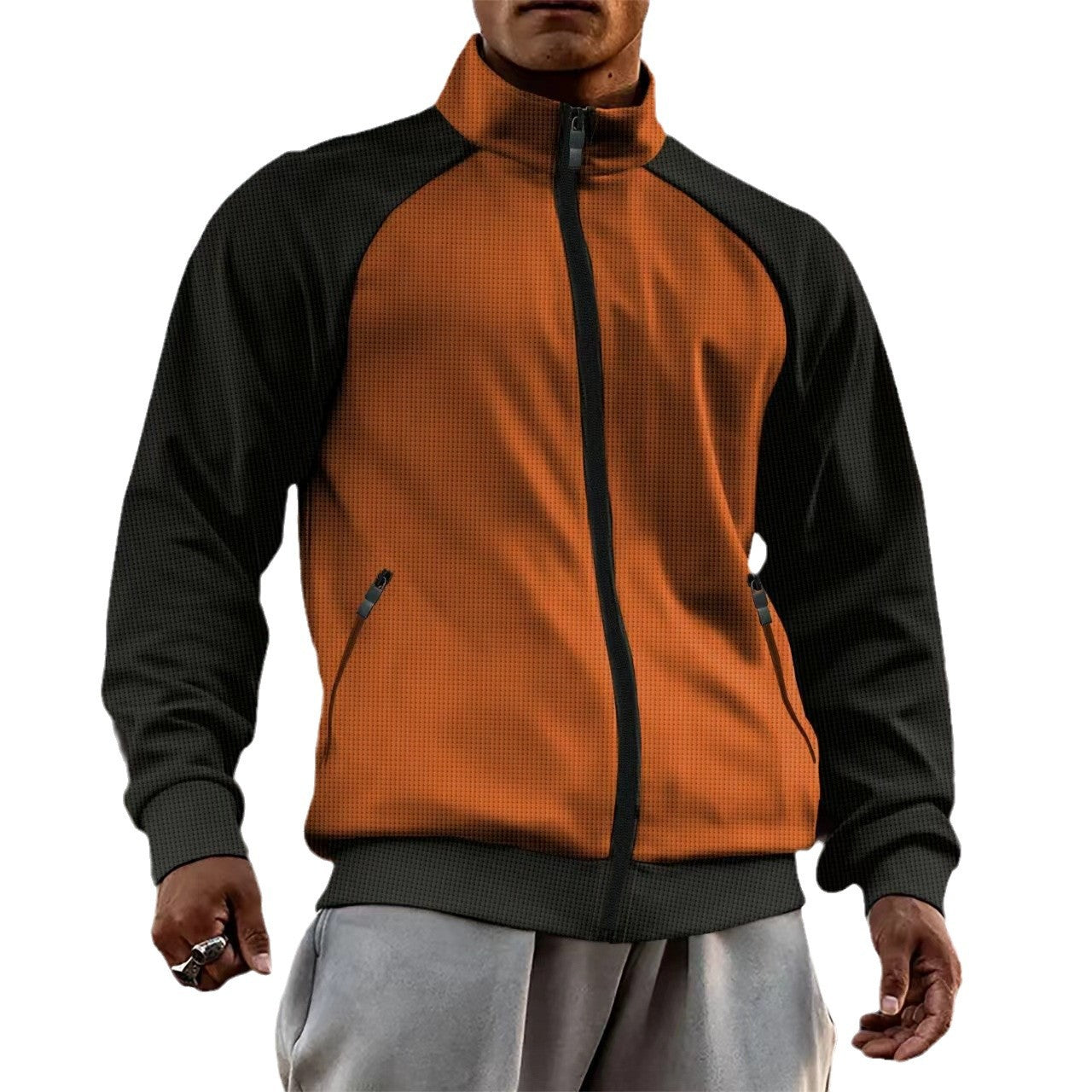 Herren Strickjacke mit Reißverschluss – Raglanärmel, Stehkragen & Farbkontrast