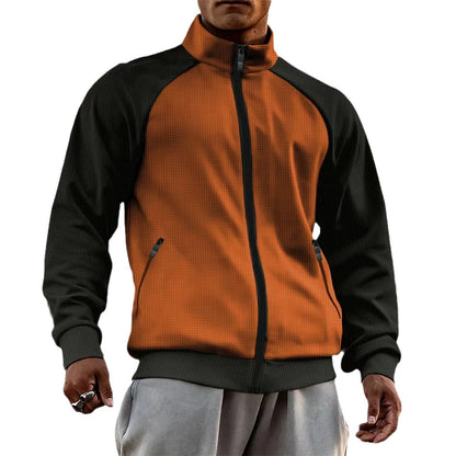 Herren Strickjacke mit Reißverschluss – Raglanärmel, Stehkragen & Farbkontrast