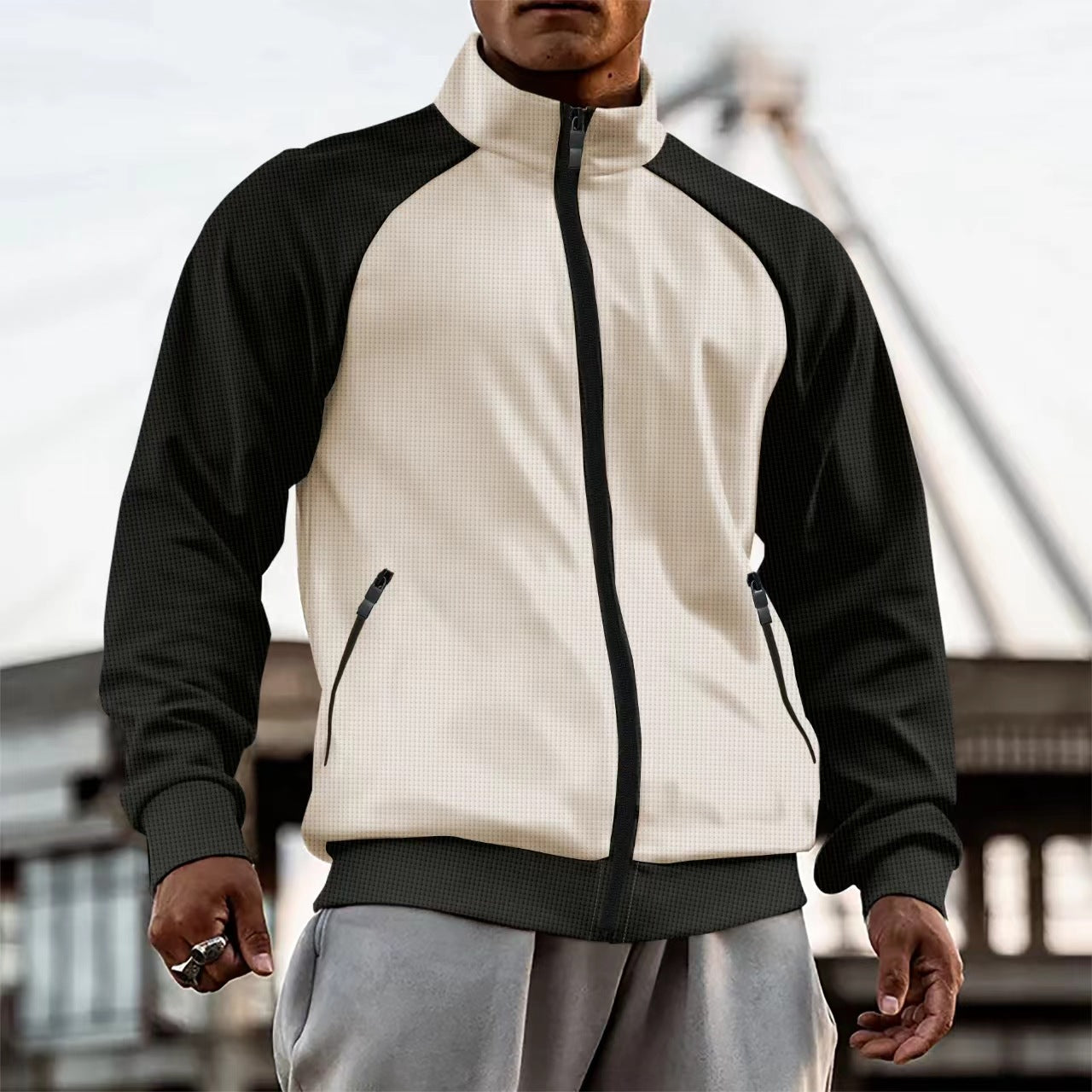 Herren Strickjacke mit Reißverschluss – Raglanärmel, Stehkragen & Farbkontrast