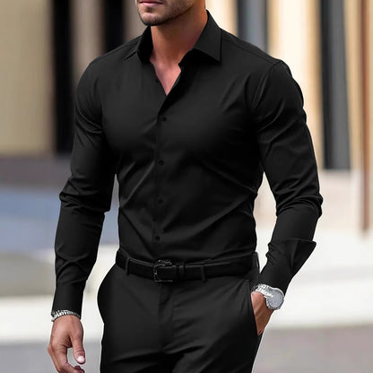 Herrenhemd Business Button-Down-Hemd Sommer Einfarbig Langarm Revers Urlaubshemd Mode Temperament Casual Tops