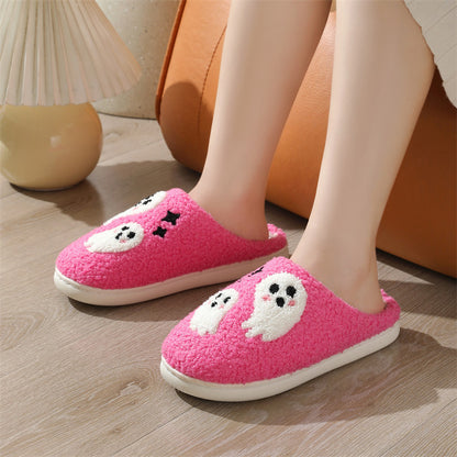 Halloween Cartoon Ghost Baumwoll-Hausschuhe für Damen, rutschfest, für den Innenbereich, Schlafzimmer, Boden, Hausschuhe, Winterschuhe