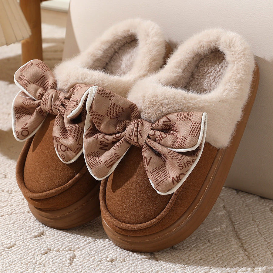 Niedliche Plüschpantoffeln mit Schleife, warm, für den Winter, für den Innenbereich, für das Schlafzimmer, für Damen, modisch, dicke Sohle, solide Hausschuhe