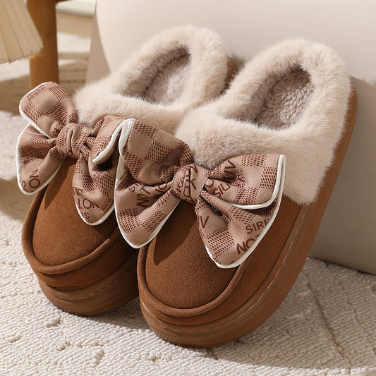 Niedliche Plüschpantoffeln mit Schleife, warm, für den Winter, für den Innenbereich, für das Schlafzimmer, für Damen, modisch, dicke Sohle, solide Hausschuhe