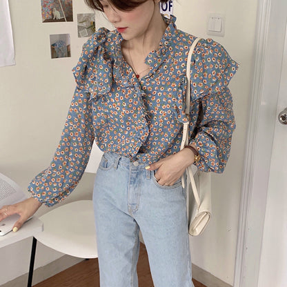 Französische Retro-Bluse mit Blumenmuster für Damen, Holzohr-Shirt für Damen