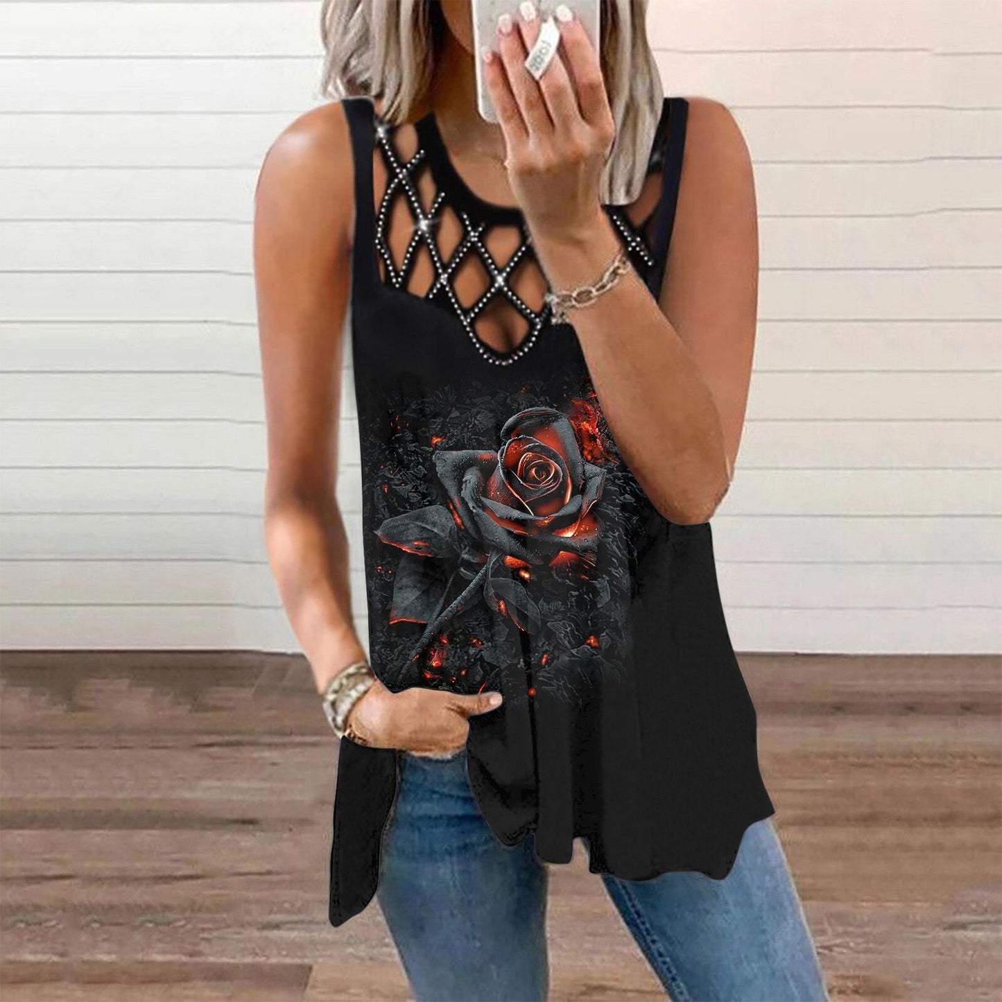 Damen T-Shirt mit ausgehöhltem, heißem, gebohrtem, ärmellosem Weste-Print