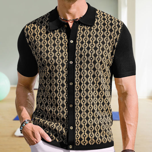 Herren-Sommer-Cardigan aus Tencel mit Jacquardmuster und Polokragen – Kurzarm