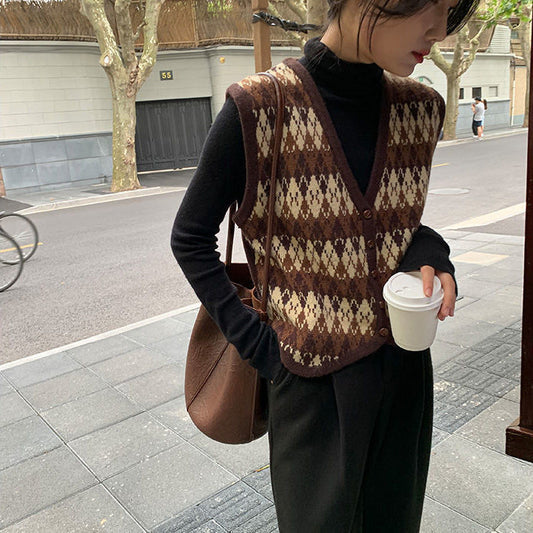 Vintage Jacquard V-Ausschnitt Ärmellose Strickweste Damen
