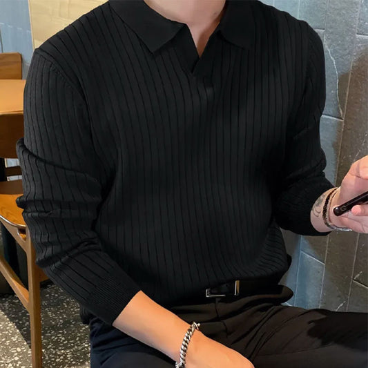 Herren Strickshirt mit Reverskragen – Langarm & Unifarben