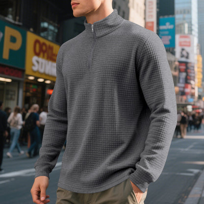 Herren Stehkragen Pullover mit Halbreißverschluss und Karomuster