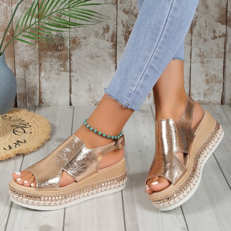 Sommer Glänzende Sandalen Hohl Design Fisch Mund Sandale Für Frauen Mode Schnalle Keile Schuhe