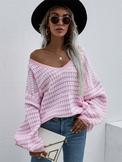 Gestreifter Pullover Pullover mit V-Ausschnitt