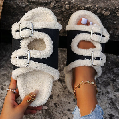 Herbst Winter Slipper Dicke Sohle Schnalle Lammwolle Hausschuhe Für Frauen Outdoor Garten Indoor Faul Plüsch Schuhe